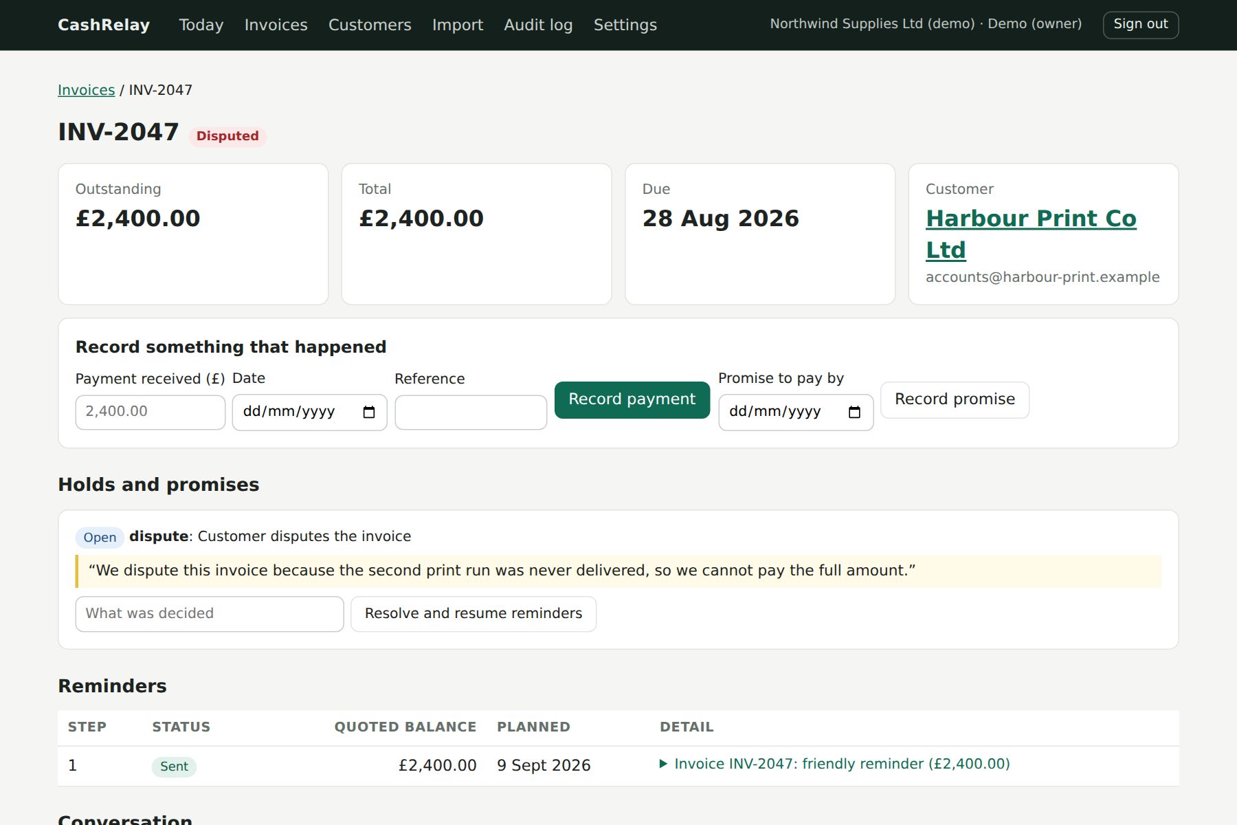 An invoice page showing the conversation, the evidence and the ledger